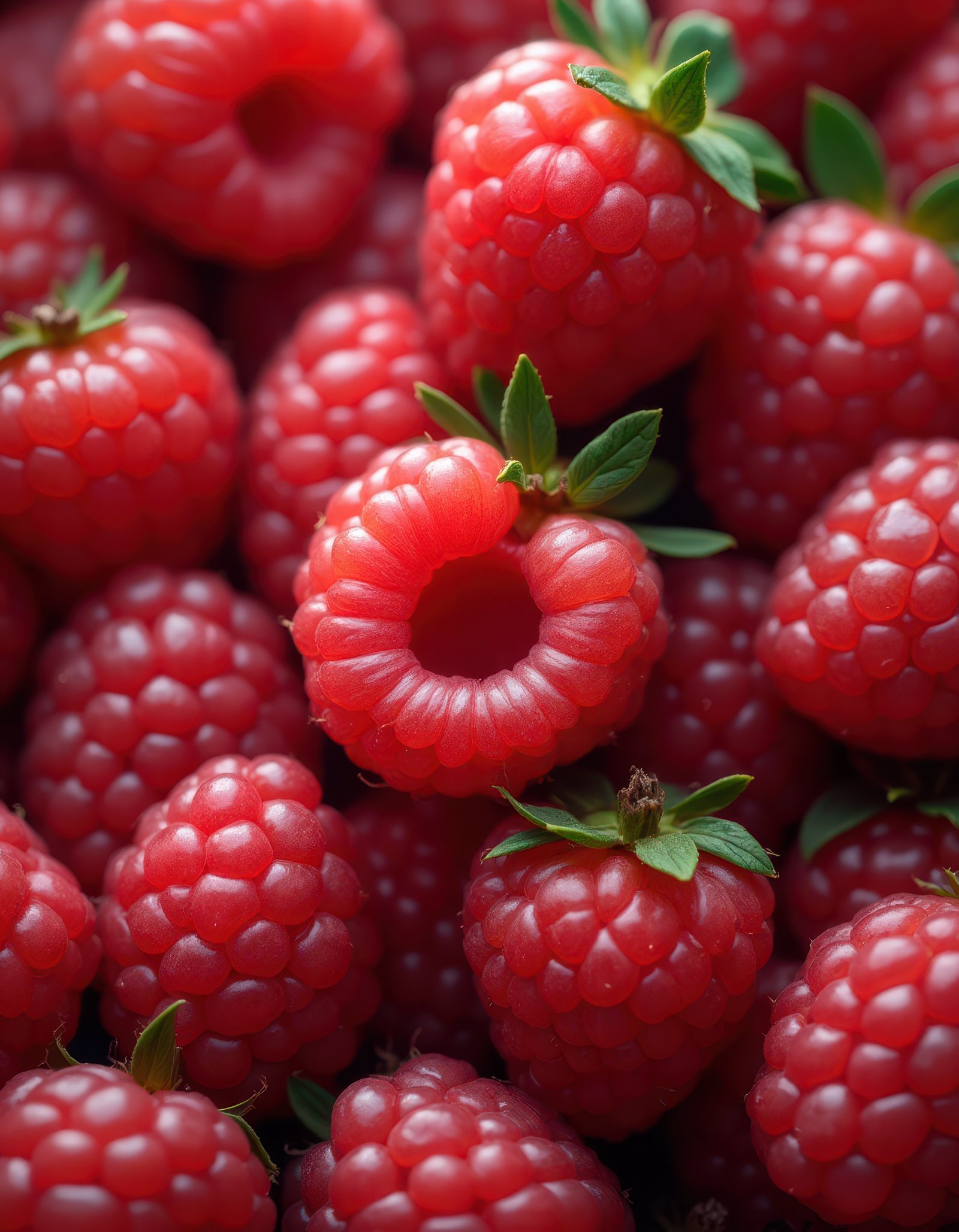 A close-up view of ripe raspberries, with their bright red color and delicate green leaves